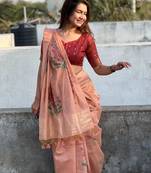 Women peach Art silk handloom saree