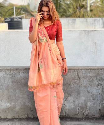 Women peach Art silk handloom saree 2