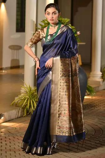 Women blue Art silk handloom saree