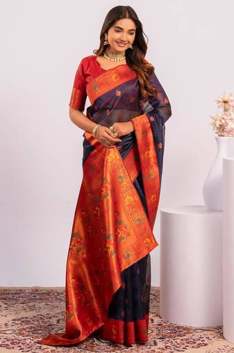 Women blue Art silk handloom saree