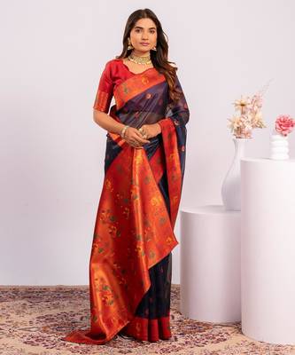 Women blue Art silk handloom saree 2