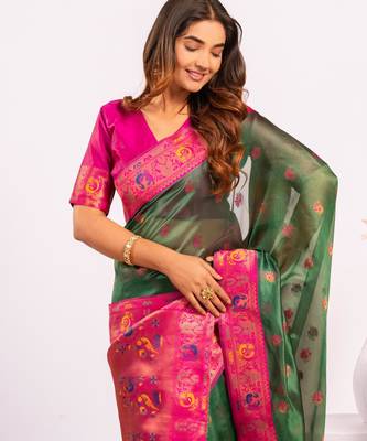 Women green Art silk handloom saree 1