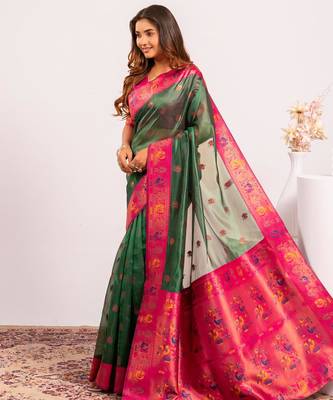 Women green Art silk handloom saree 3