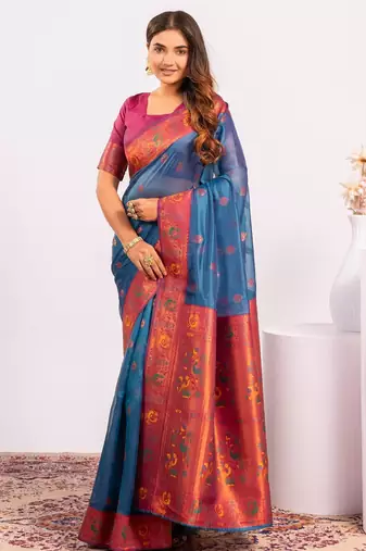 Women rama Art silk handloom saree