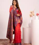Women red Art silk handloom saree