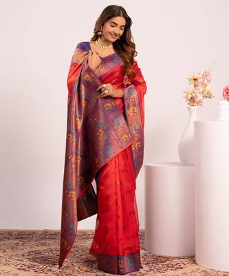Women red Art silk handloom saree 2