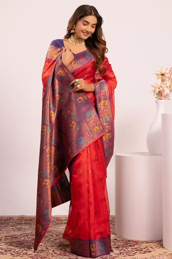 Women red Art silk handloom saree