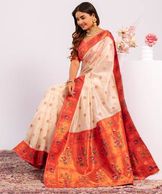 Women white Art silk handloom saree 1