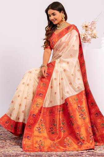 Women white Art silk handloom saree