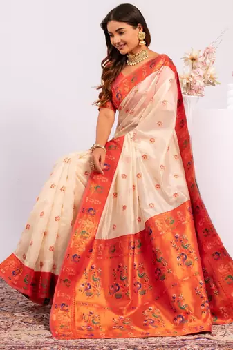 Women white Art silk handloom saree