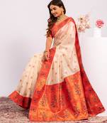 Women white Art silk handloom saree
