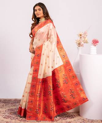 Women white Art silk handloom saree 3