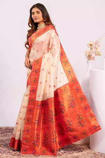 Women white Art silk handloom saree