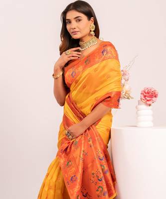 Women yellow Art silk handloom saree 1