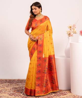 Women yellow Art silk handloom saree 3
