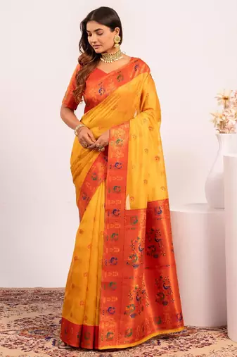 Women yellow Art silk handloom saree