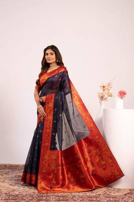 Women blue Art silk handloom saree 3