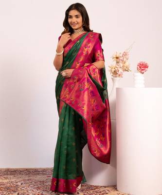 Women green Art silk handloom saree 1