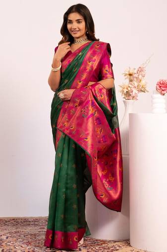 Women green Art silk handloom saree