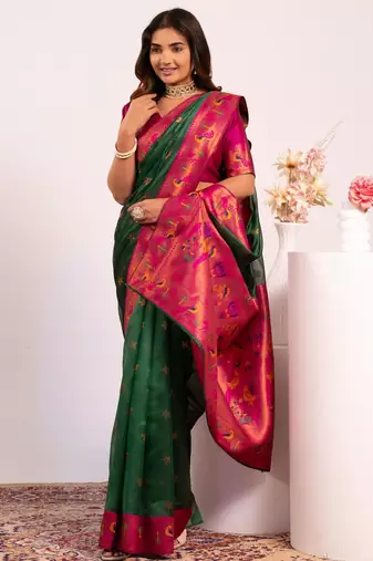 Women green Art silk handloom saree