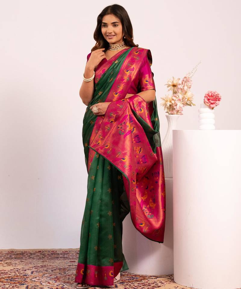 Women green Art silk handloom saree