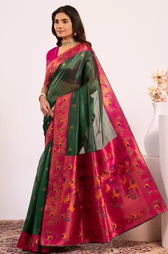 Women green Art silk handloom saree