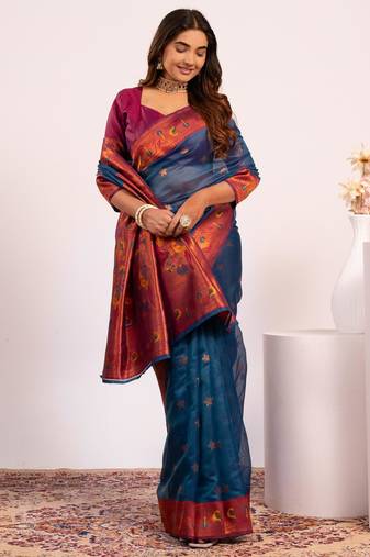 Women rama Art silk handloom saree