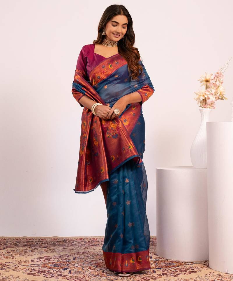 Women rama Art silk handloom saree