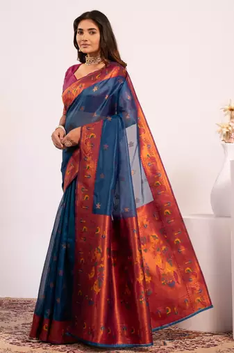 Women rama Art silk handloom saree