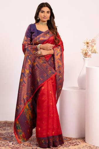 Women red Art silk handloom saree