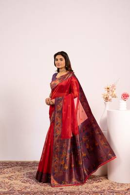 Women red Art silk handloom saree 2