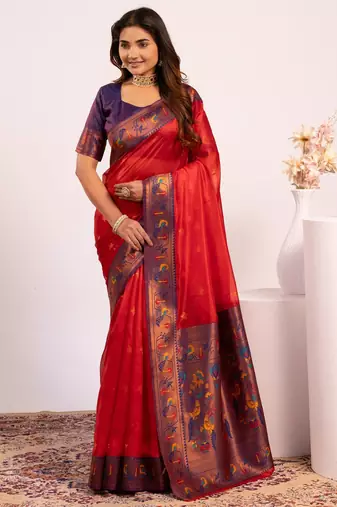 Women red Art silk handloom saree