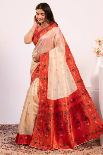 Women white Art silk handloom saree
