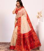 Women white Art silk handloom saree
