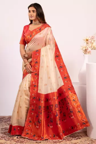 Women white Art silk handloom saree