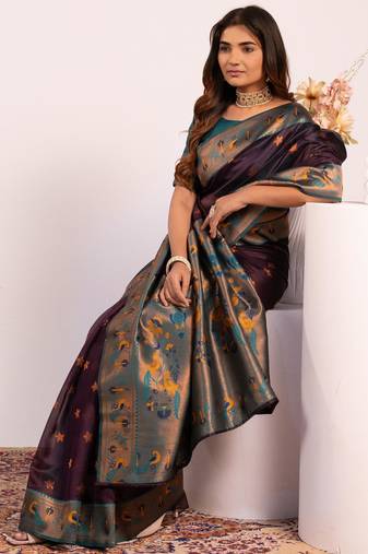Women wine Art silk handloom saree