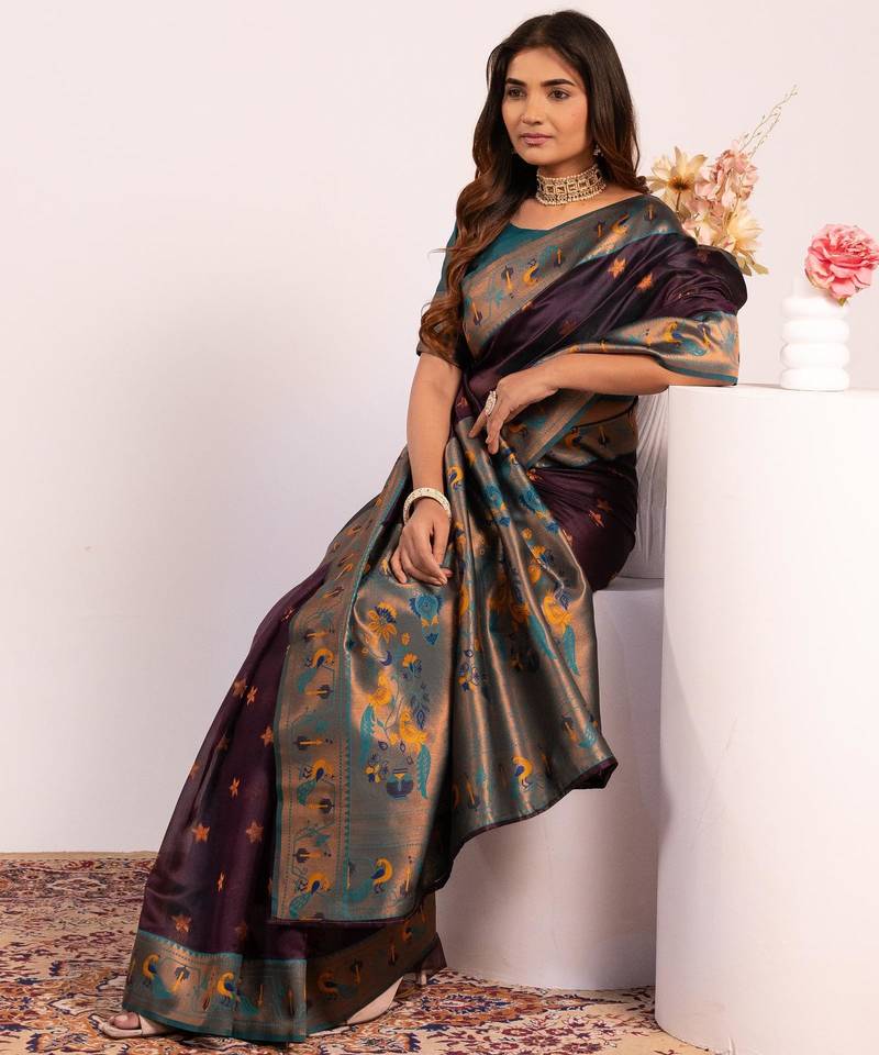 Women wine Art silk handloom saree
