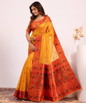 Women yellow Art silk handloom saree 3