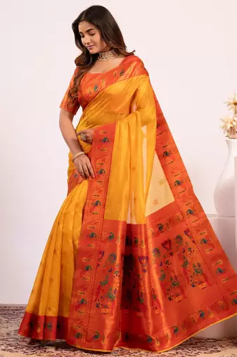 Women yellow Art silk handloom saree