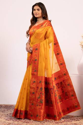 Women yellow Art silk handloom saree