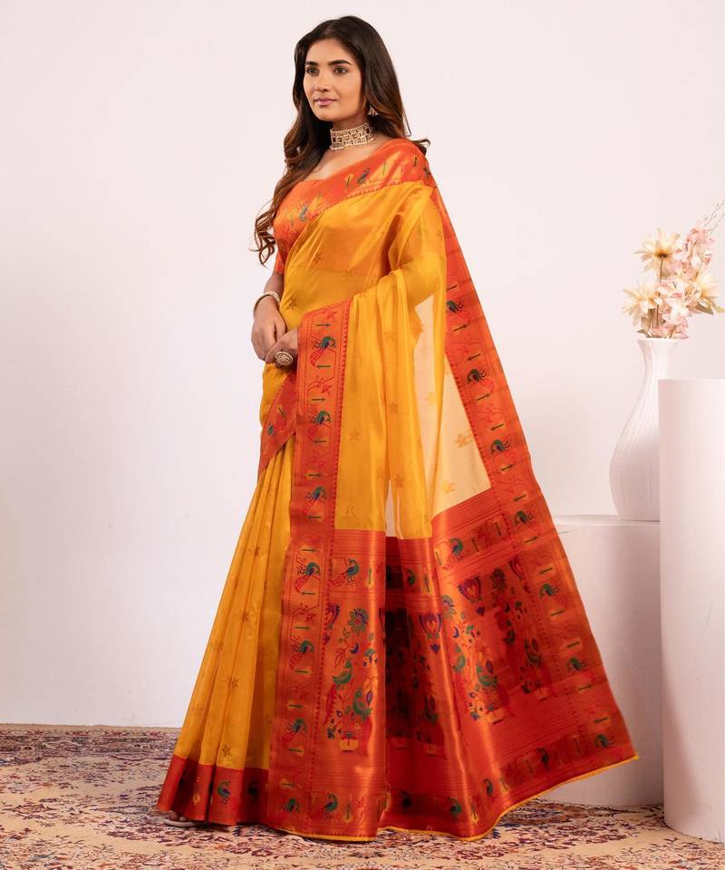 Women yellow Art silk handloom saree