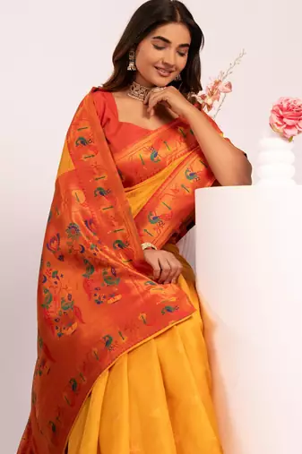 Women yellow Art silk handloom saree