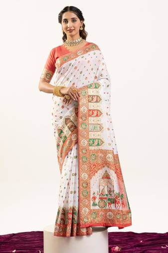 Women white Art silk handloom saree