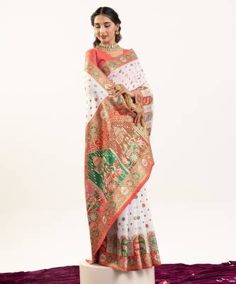 Women white Art silk handloom saree 5