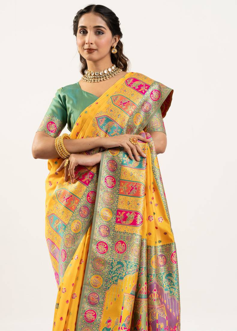 Women yellow Art silk handloom saree
