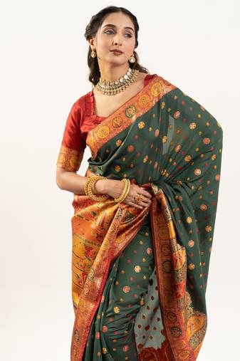 Women green Art silk handloom saree