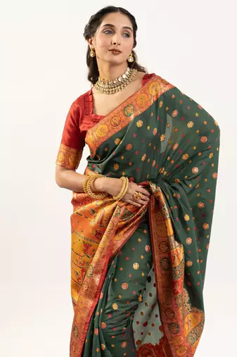 Women green Art silk handloom saree