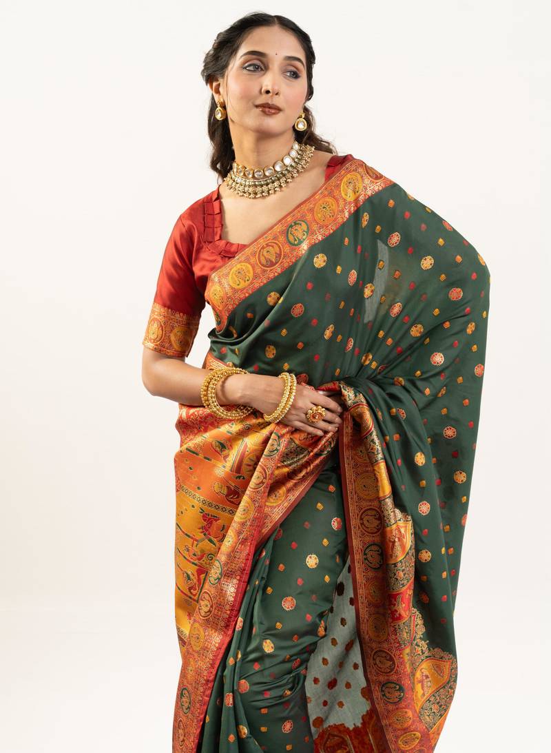 Women green Art silk handloom saree