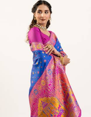 Women blue Art silk handloom saree 2