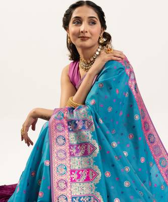 Women blue Art silk handloom saree 2